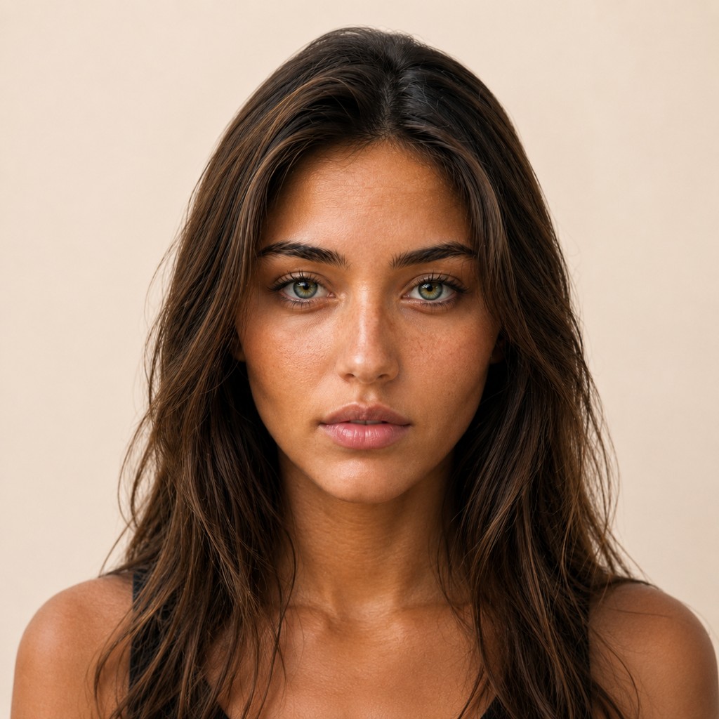 Woman with warm tan skin and green eyes — beauty scan example